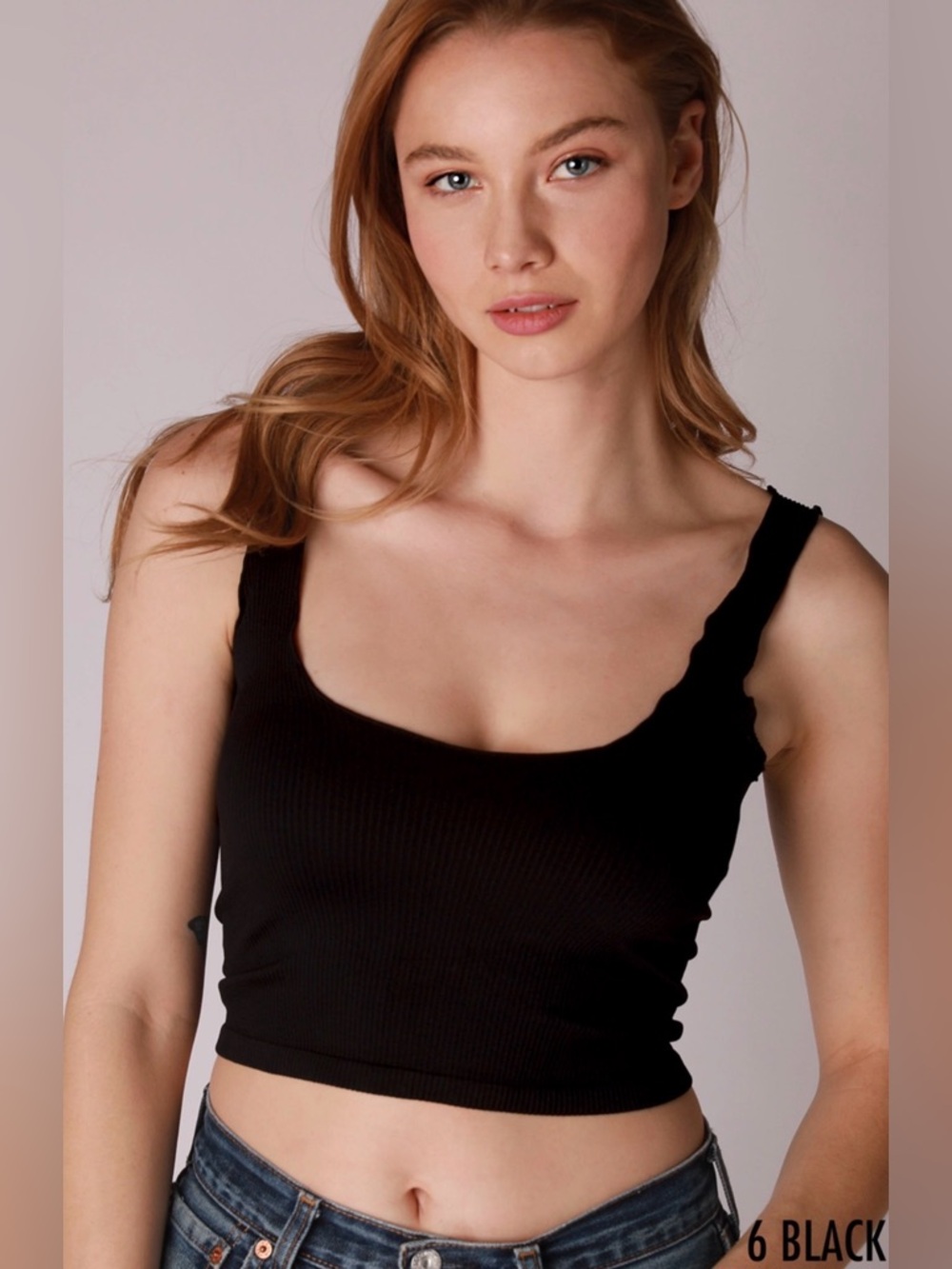 New Black Sweet Lettuce Edge Ribbed Cropped Square Neck